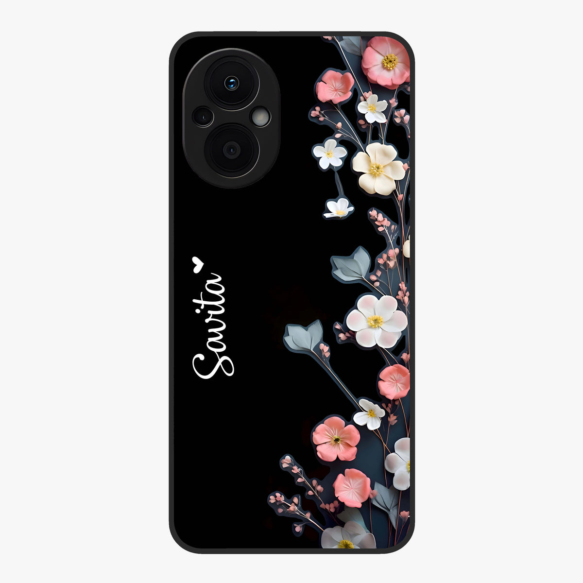 Black Elegance Floral Custom Name Glass Case showing flat back view with elegant floral artwork and personalized name design.