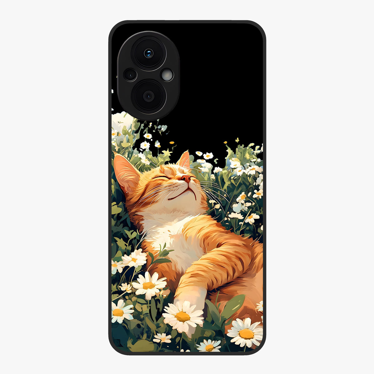 Blissful Bloom Cat Glass Case showing flat back view with cute cat and floral bloom artwork and glossy glass finish.