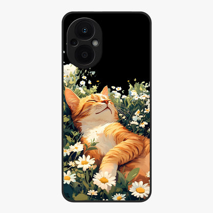 Blissful Bloom Cat Glass Case showing flat back view with cute cat and floral bloom artwork and glossy glass finish.