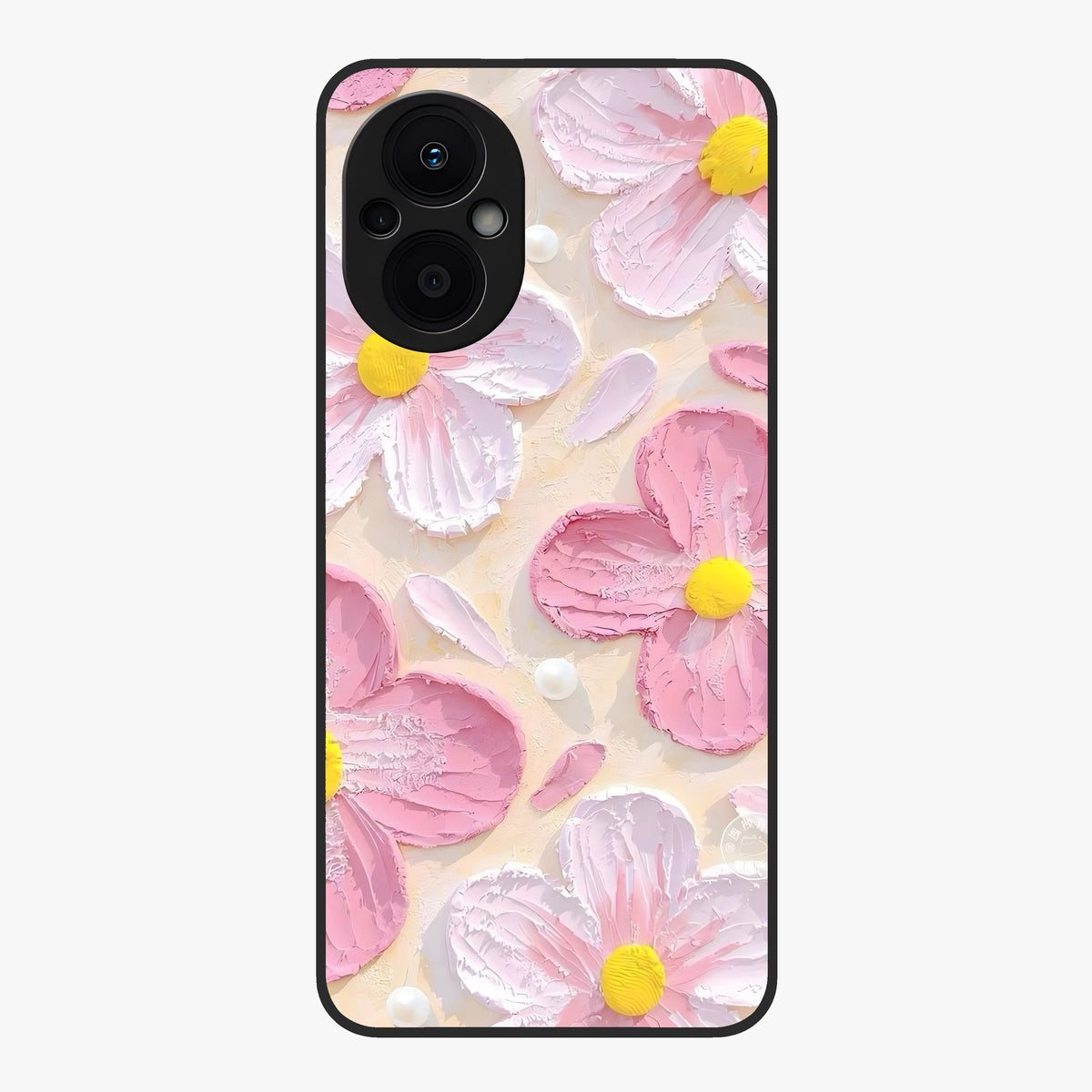 Blush Bloom Texture Glass Case showing flat back view with soft blush floral texture artwork and glossy glass finish.