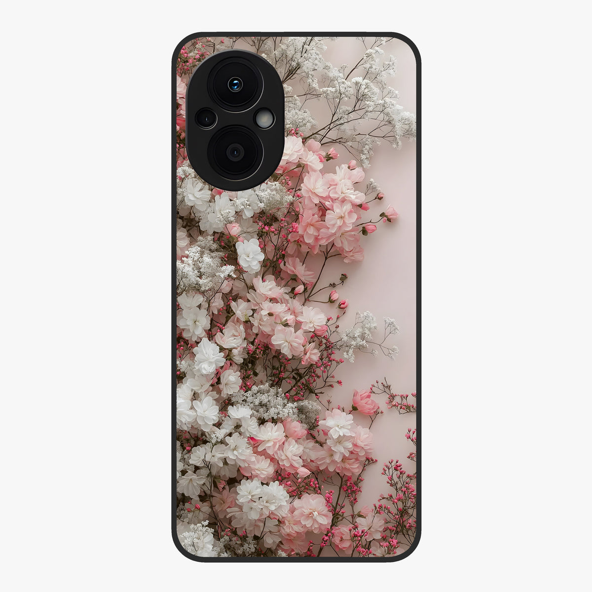 Blush Blossom Cloud Glass Case showing flat back view with dreamy blush cloud blossom artwork and glossy glass finish.