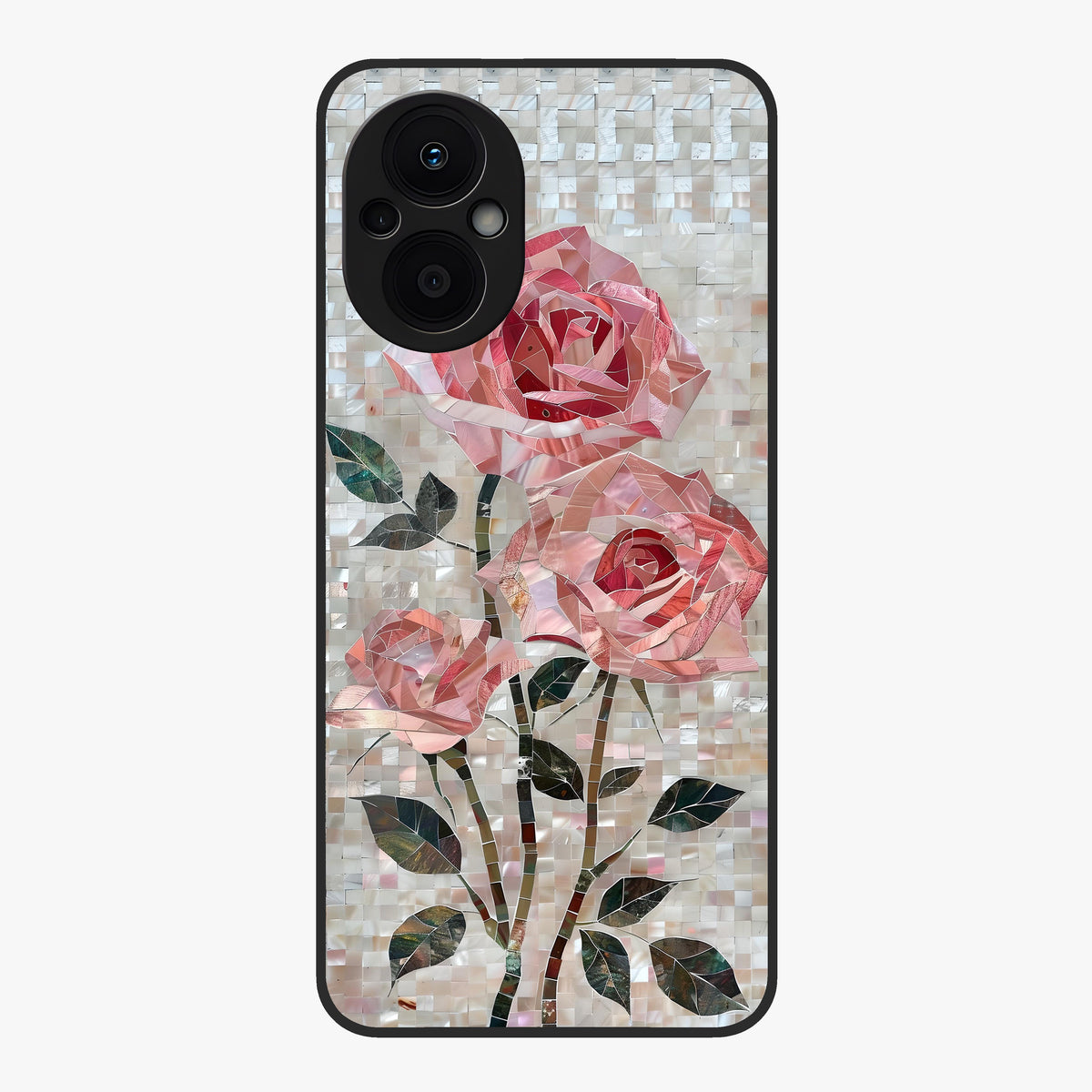Blush Mosaic Bloom Glass Case showing flat back view with mosaic floral bloom artwork and glossy glass finish.