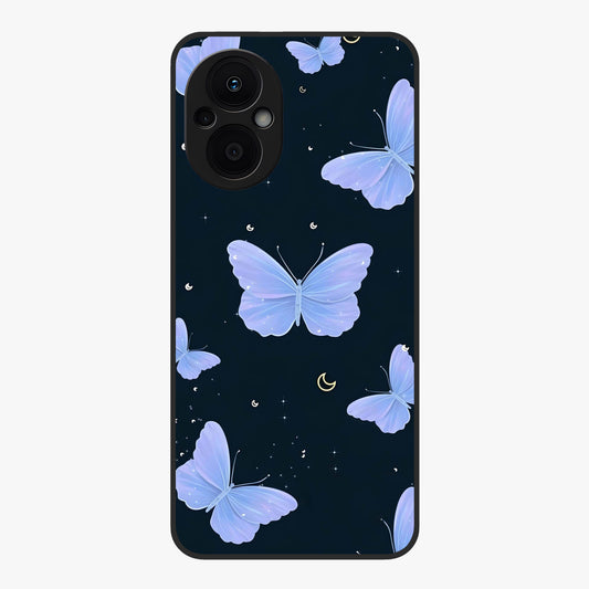 Butterfly With Stars Pattern Glass Case showing flat back view with butterfly and star pattern artwork and glossy glass finish.
