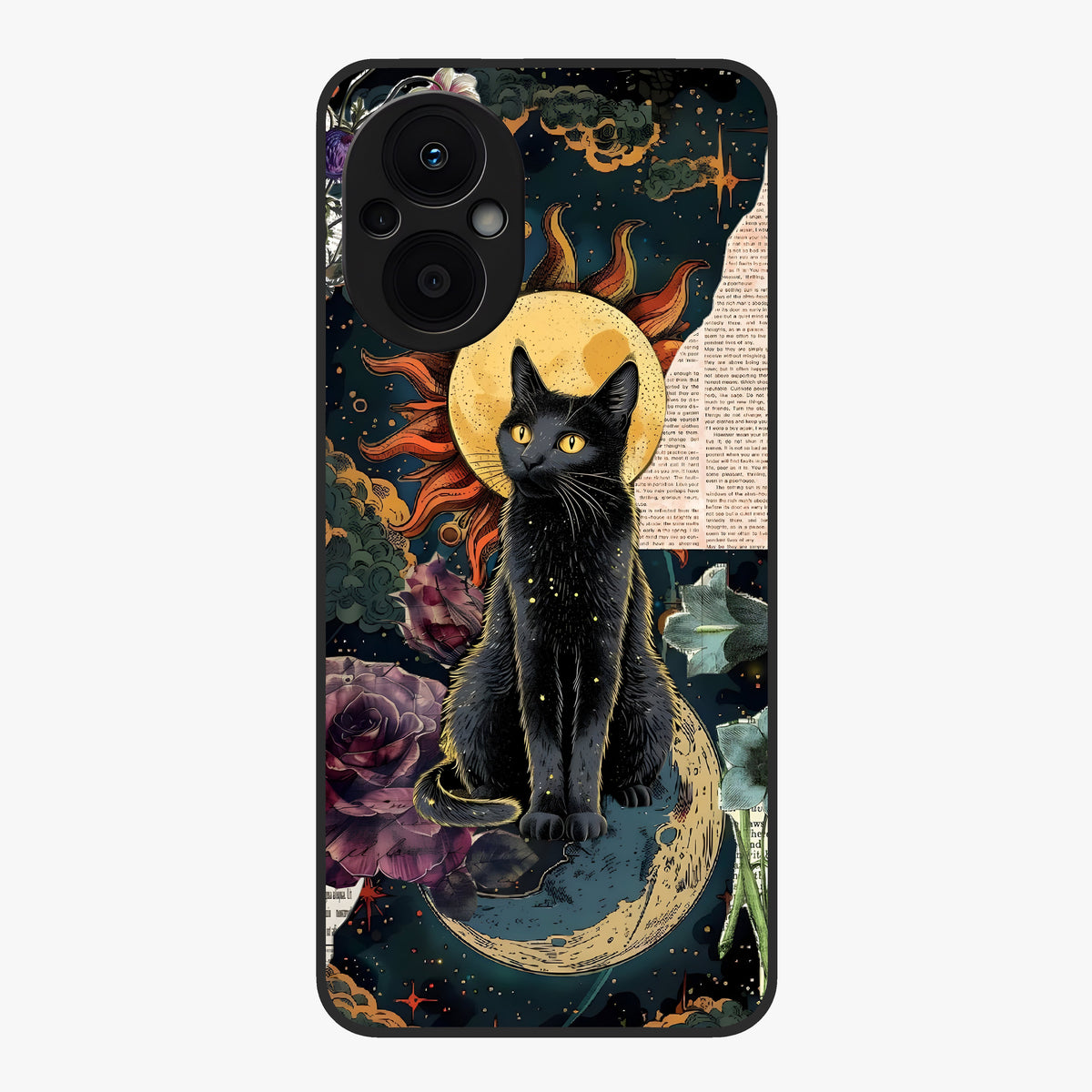 Celestial Black Cat Glass Case showing flat back view with mystical black cat artwork and glossy glass finish.