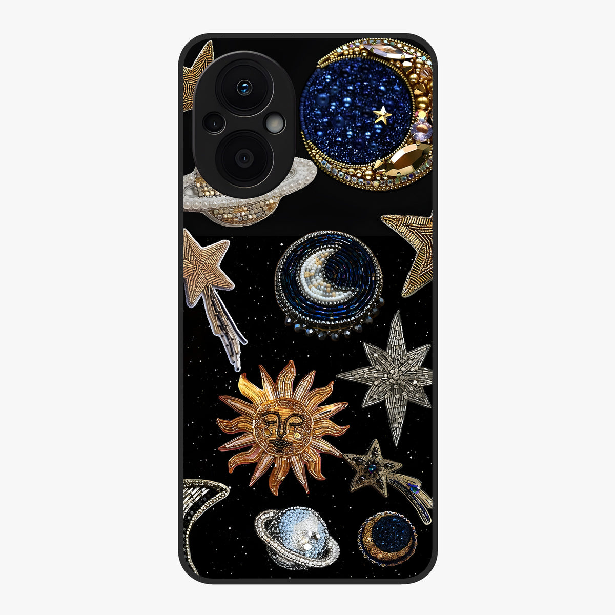 Celestial Gem Constellations Glass Case showing flat back view with sparkling constellation artwork and glossy glass finish.