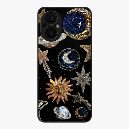 Celestial Gem Constellations Glass Case showing flat back view with sparkling constellation artwork and glossy glass finish.