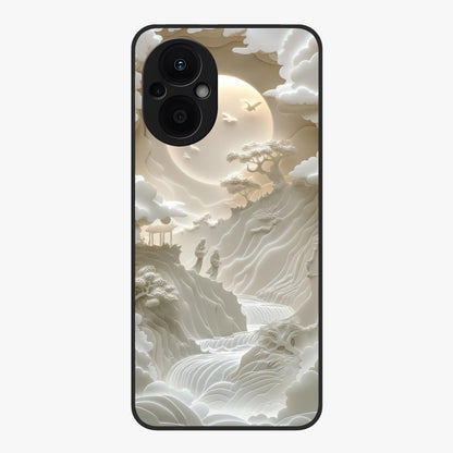 Celestial Origami Glass Case showing flat back view with artistic origami inspired celestial artwork and glossy glass finish.