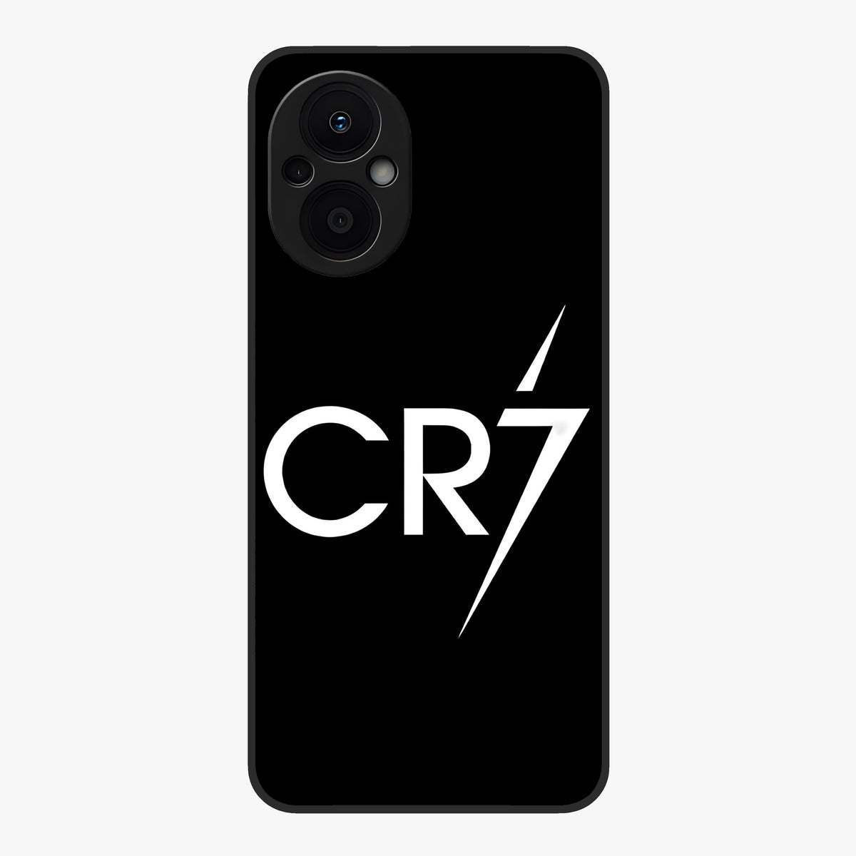 Cr7 Elite Strike Glass Case showing flat back view with dynamic football inspired artwork and glossy glass finish.