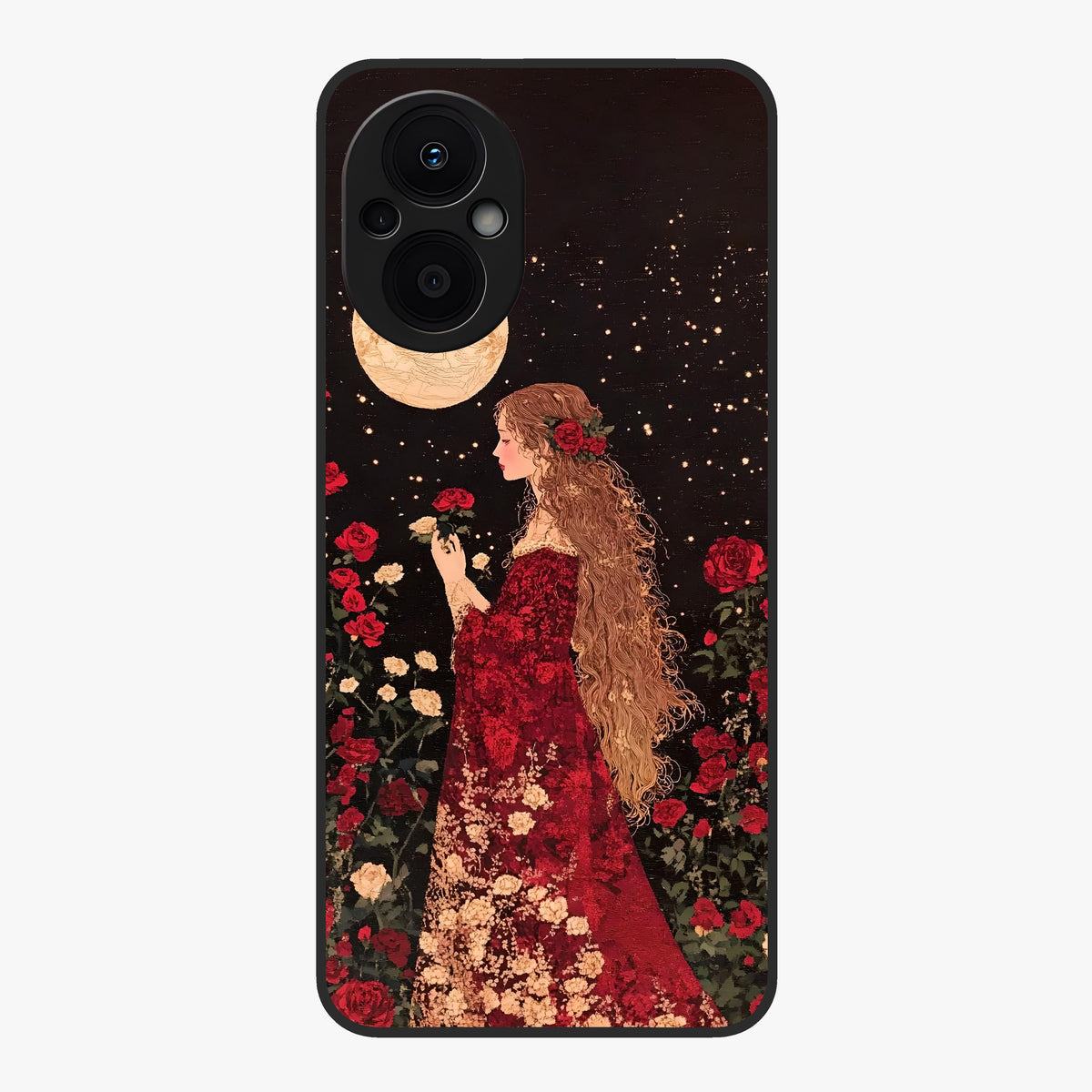 Crimson Dreams Glass Case showing flat back view with dreamy crimson artwork and glossy glass finish.