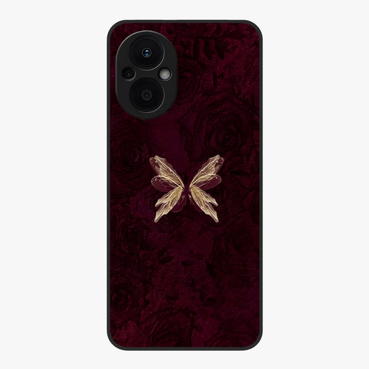 Crimson Fade Butterfly Glass Case showing flat back view with fading butterfly artwork and glossy glass finish.