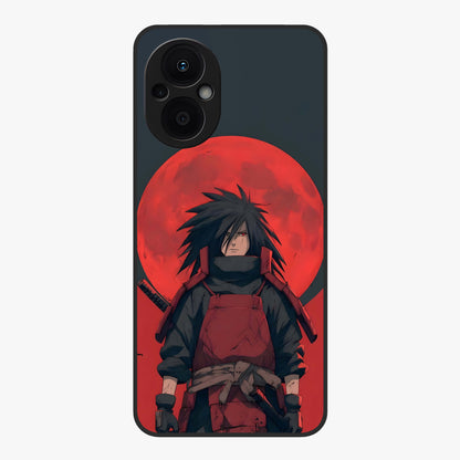 Crimson Moon Warlord Glass Case showing flat back view with mystical moon warrior artwork and glossy glass finish.