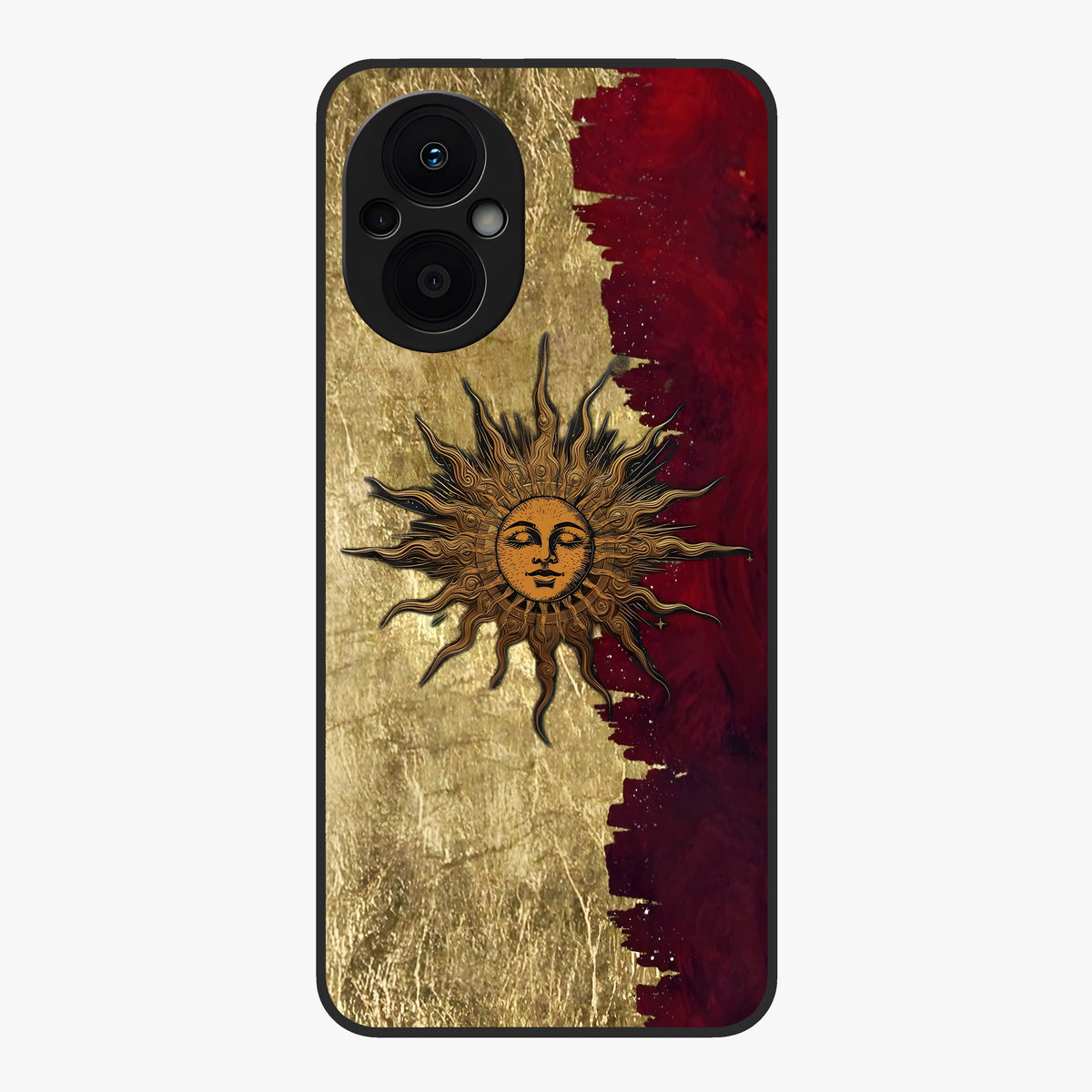 Crimson Sun Majesty Glass Case showing flat back view with radiant sun inspired artwork and glossy glass finish.