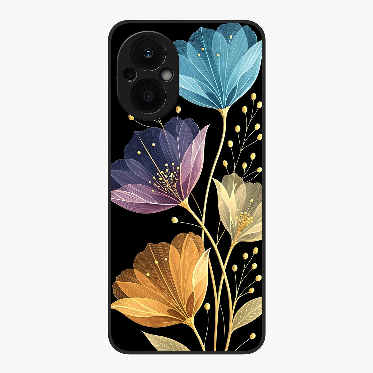 Delicate Multicolor Flowers Glass Case showing flat back view with vibrant floral artwork and glossy glass finish.