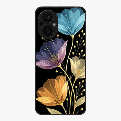 Delicate Multicolor Flowers Glass Case showing flat back view with vibrant floral artwork and glossy glass finish.