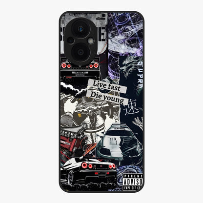 Die Young Glass Case showing flat back view with bold artistic typography design and glossy glass finish.