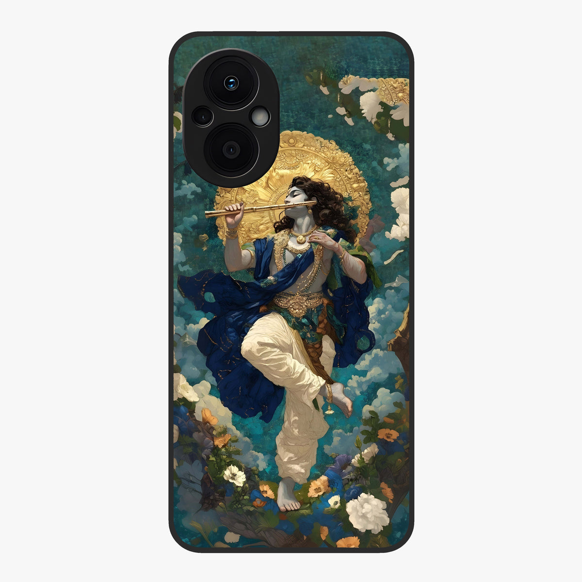 Divine Krishna Art Glass Case showing flat back view with Lord Krishna artwork and glossy glass finish.