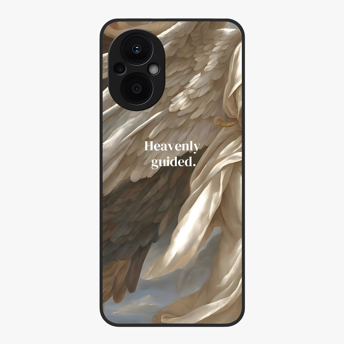 Divine Winged Grace Glass Case showing flat back view with elegant wing inspired artwork and glossy glass finish.