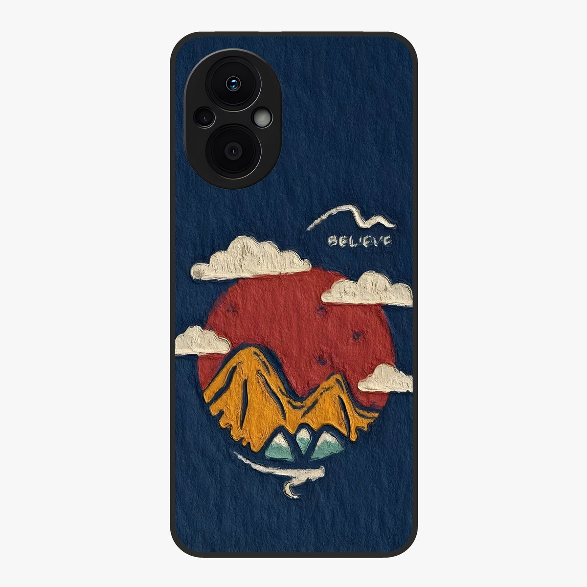Dream Beyond Mountains Glass Case showing flat back view with scenic mountain landscape artwork and glossy glass finish.