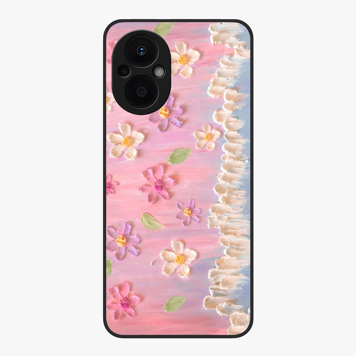 Dreamy Painted Garden Glass Case showing flat back view with artistic painted floral garden artwork and glossy glass finish.