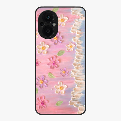 Dreamy Painted Garden Glass Case showing flat back view with artistic painted floral garden artwork and glossy glass finish.