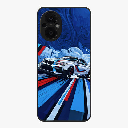 Drift Power Rush Glass Case showing flat back view with dynamic racing inspired artwork and glossy glass finish.