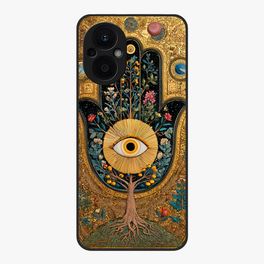Ethereal Evil Eye Glass Case showing flat back view with mystical evil eye artwork and glossy glass finish.