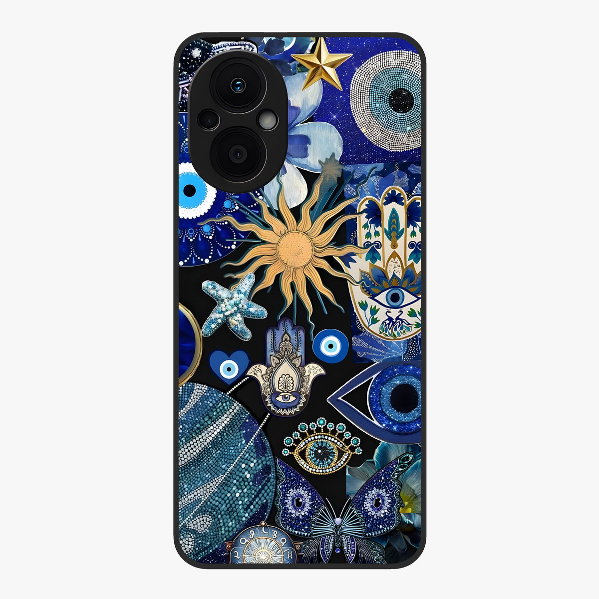Evil Eye Charm Mix Glass Case showing flat back view with multiple evil eye charms artwork and glossy glass finish.