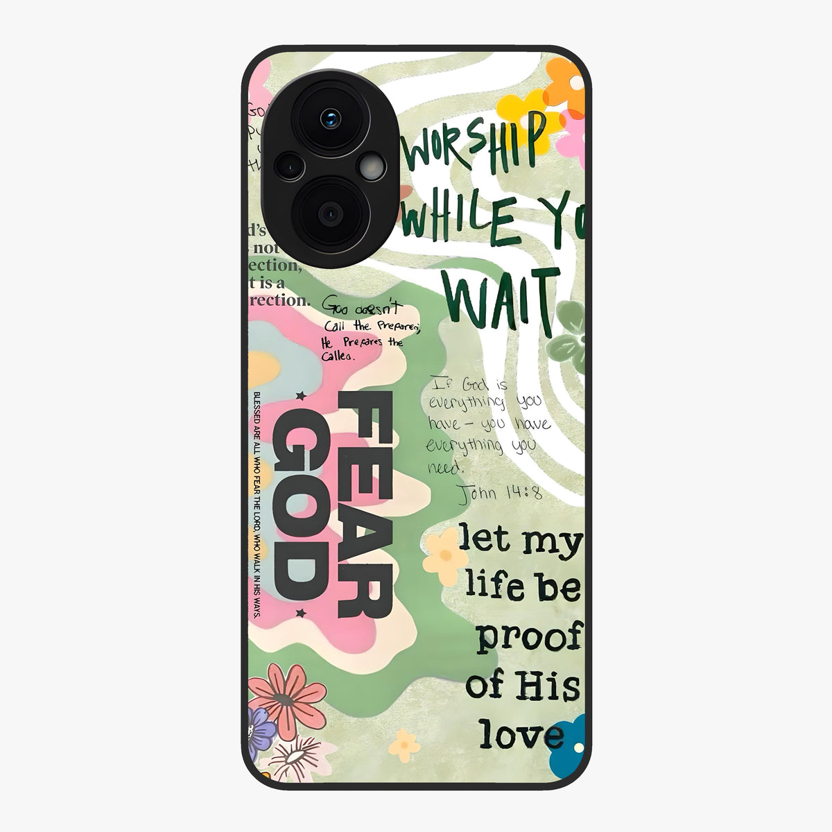 Faith Over Fear Glass Case showing flat back view with motivational typography artwork and glossy glass finish.