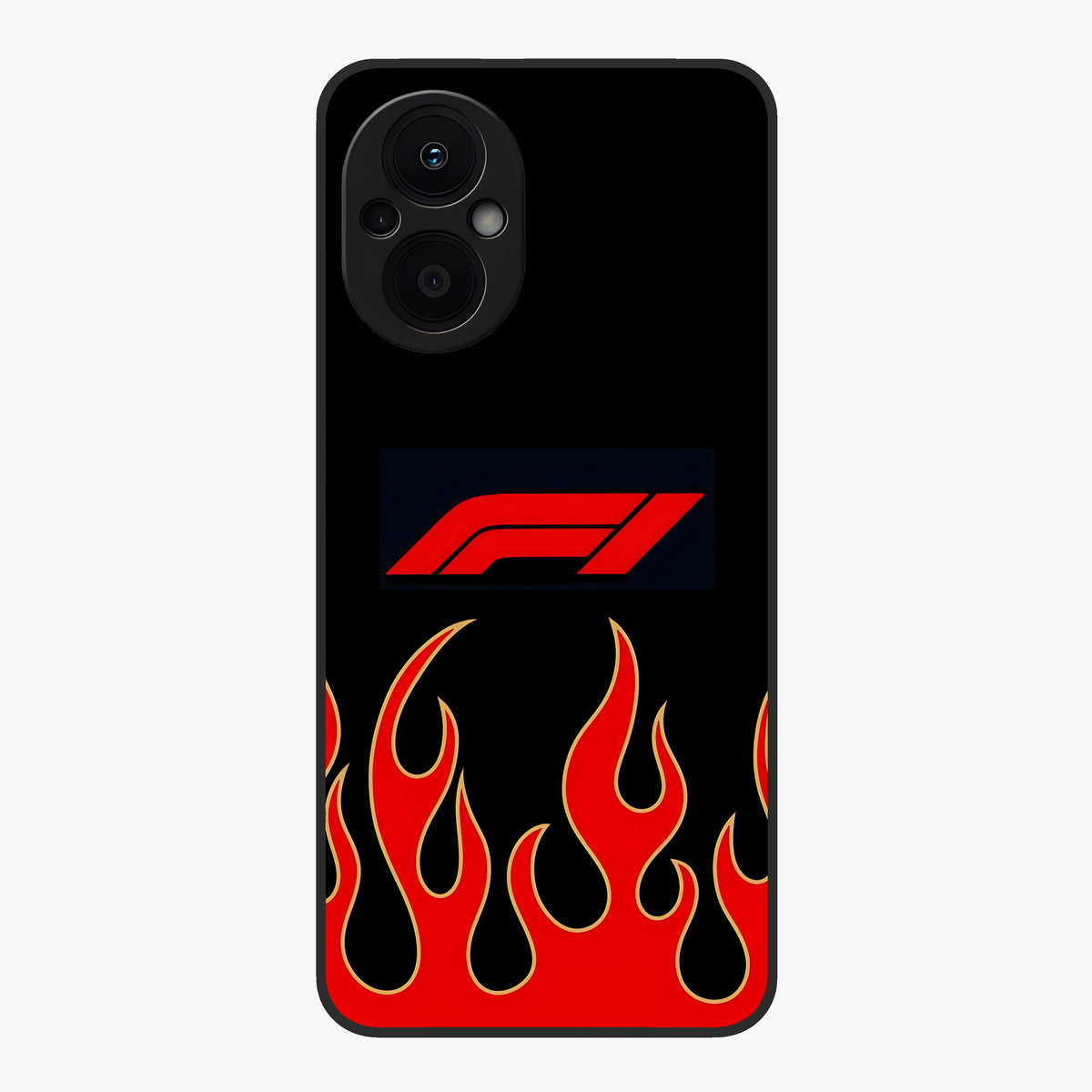 Fire F11 Glass Case showing flat back view with fiery themed artwork and glossy glass finish.