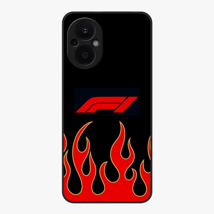 Fire F11 Glass Case showing flat back view with fiery themed artwork and glossy glass finish.