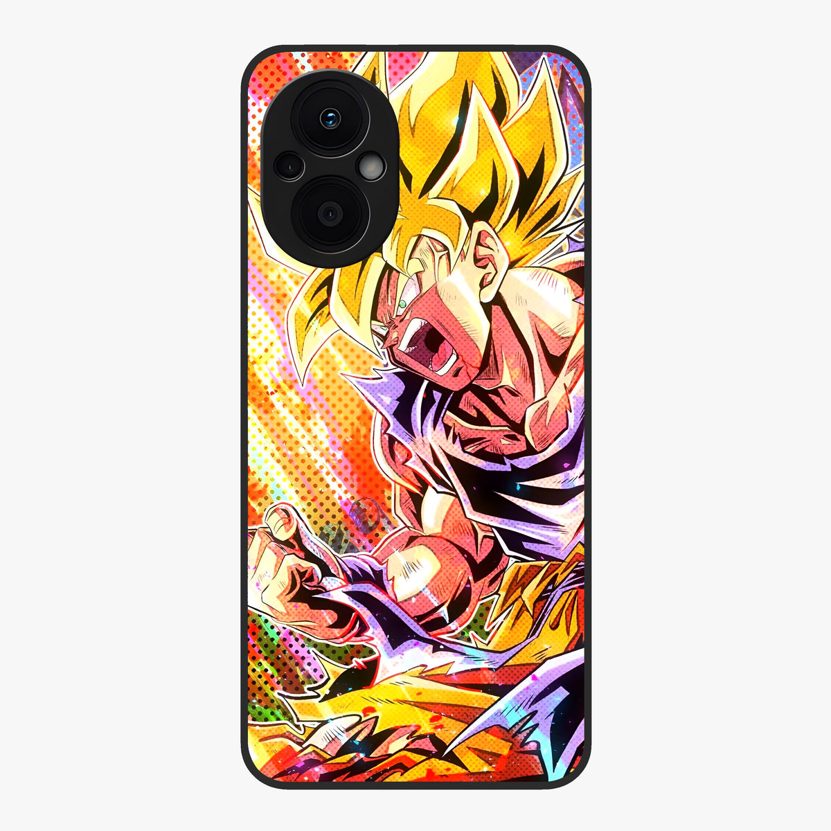 Firing Goku Glass Case showing flat back view with powerful anime inspired artwork and glossy glass finish.