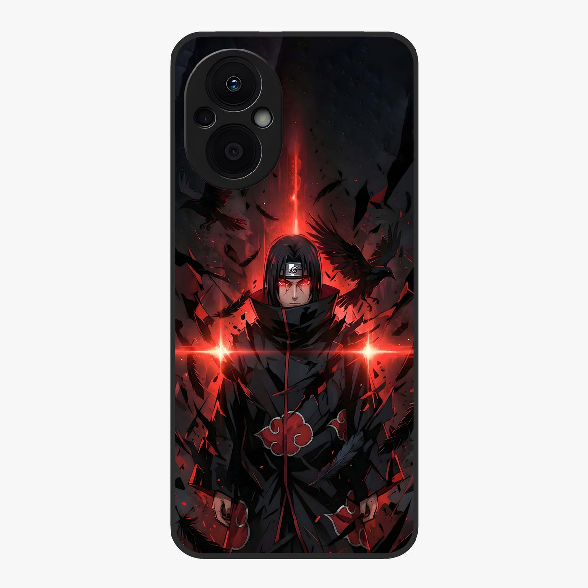 Focused Blade Discipline Glass Case showing flat back view with warrior sword themed artwork and glossy glass finish.