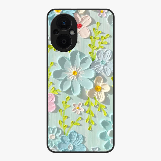 Frosted Petal Garden Glass Case showing flat back view with soft frosted floral artwork and glossy glass finish.
