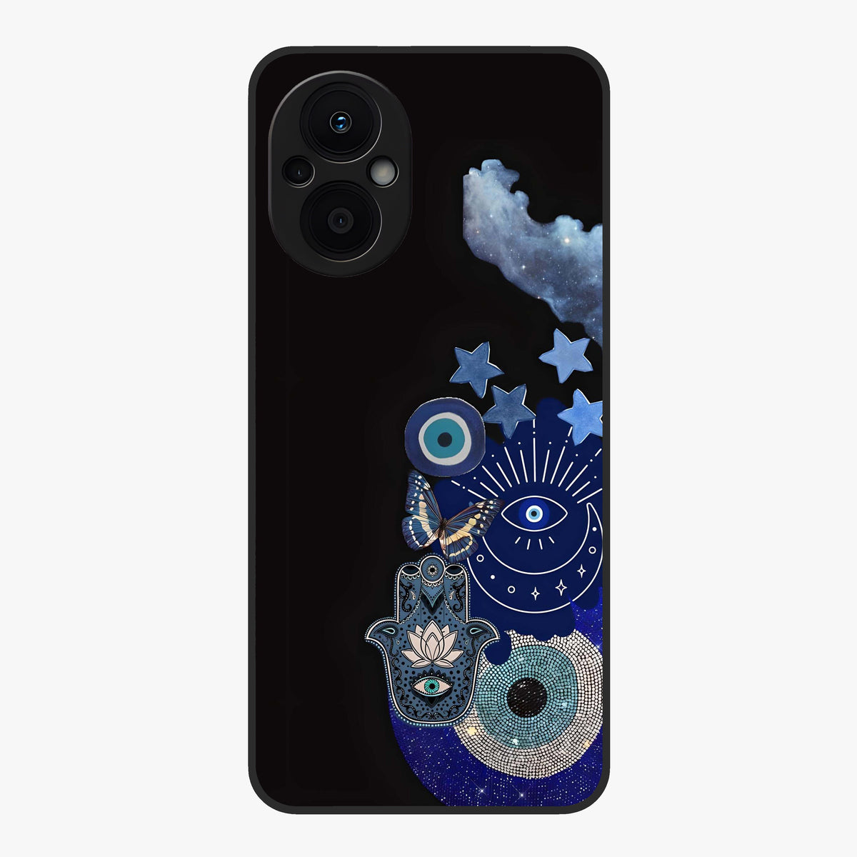 Galactic Charm Cluster Glass Case showing flat back view with glowing celestial charm artwork and glossy glass finish.