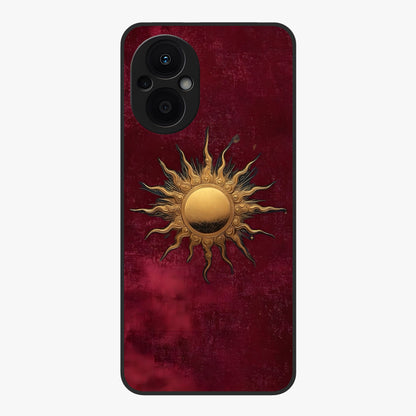 Gold Sun Blush Glass Case showing flat back view with golden sun inspired artwork and glossy glass finish.