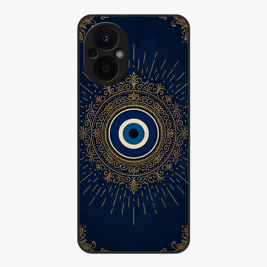 Golden Evil Eye Mandala Glass Case showing flat back view with intricate evil eye mandala artwork and glossy glass finish.