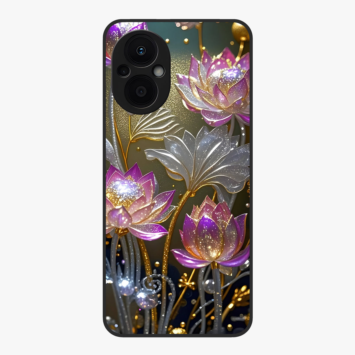 Golden Lotus Glow Glass Case showing flat back view with glowing lotus flower artwork and glossy glass finish.
