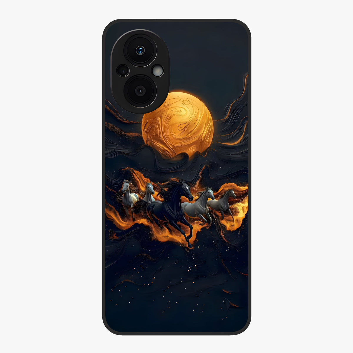 Golden Stallion Moonride Glass Case showing flat back view with majestic horse under moonlight artwork and glossy glass finish.