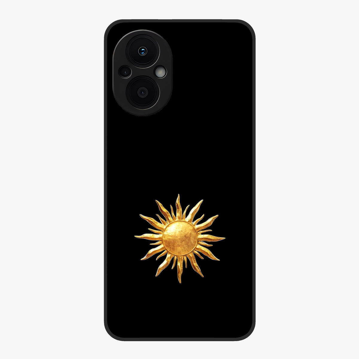 Golden Sun Minimalism Glass Case showing flat back view with minimal golden sun artwork and glossy glass finish.