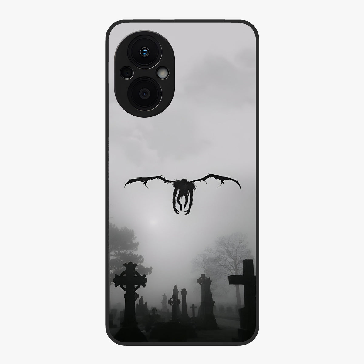Graveyard Shadow Descent Glass Case showing flat back view with dark graveyard themed artwork and glossy glass finish.