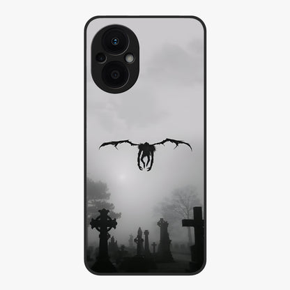 Graveyard Shadow Descent Glass Case showing flat back view with dark graveyard themed artwork and glossy glass finish.