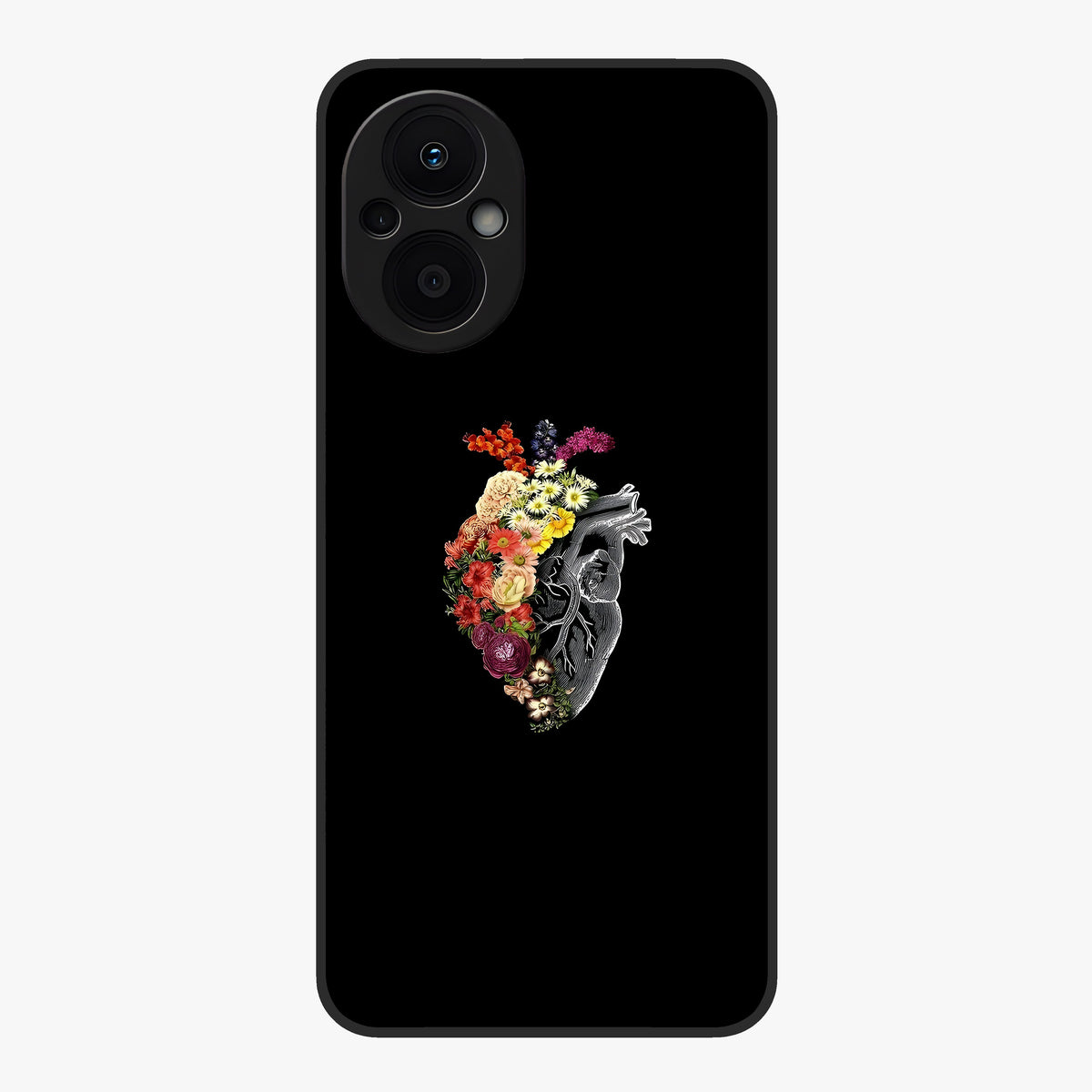 Heart With Flowers Glass Case showing flat back view with heart shaped floral artwork and glossy glass finish.