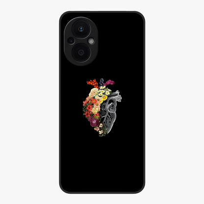 Heart With Flowers Glass Case showing flat back view with heart shaped floral artwork and glossy glass finish.