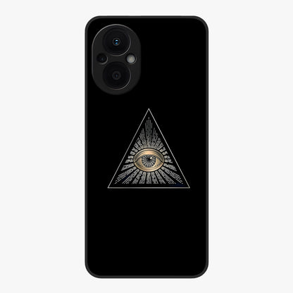Illuminati Evil Glass Case showing flat back view with mysterious illuminati symbol artwork and glossy glass finish.