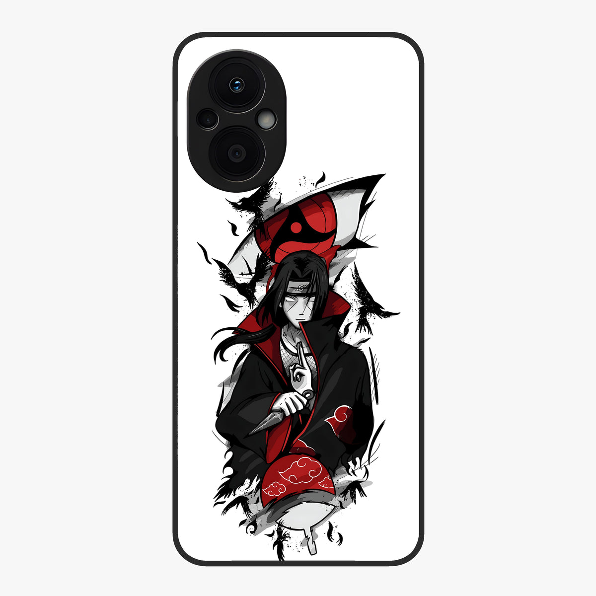 Itachi Sharingan Glass Case showing flat back view with powerful anime eye artwork and glossy glass finish.