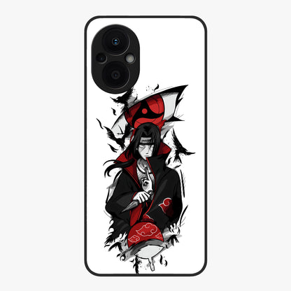 Itachi Sharingan Glass Case showing flat back view with powerful anime eye artwork and glossy glass finish.
