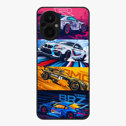JDM Sports Car Glass Case showing flat back view with high performance sports car artwork and glossy glass finish.