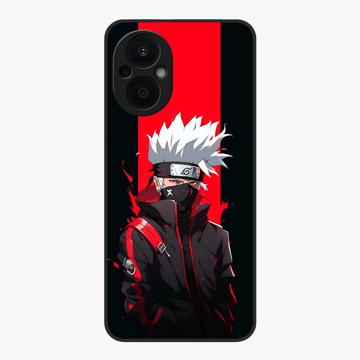 Kakashi Scarlet Shadow Glass Case showing flat back view with powerful anime ninja artwork and glossy glass finish.