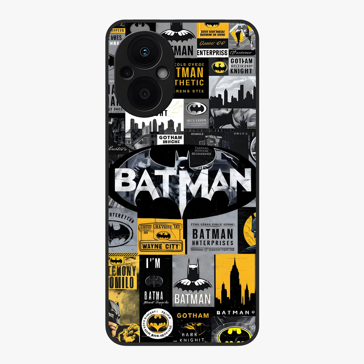 Knight Gotham Rise Glass Case showing flat back view with dark hero inspired artwork and glossy glass finish.