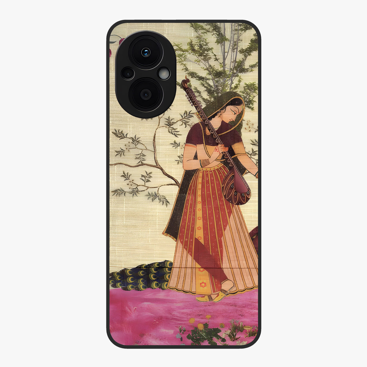 Lady With Veena Art Glass Case showing flat back view with elegant woman playing veena artwork and glossy glass finish.